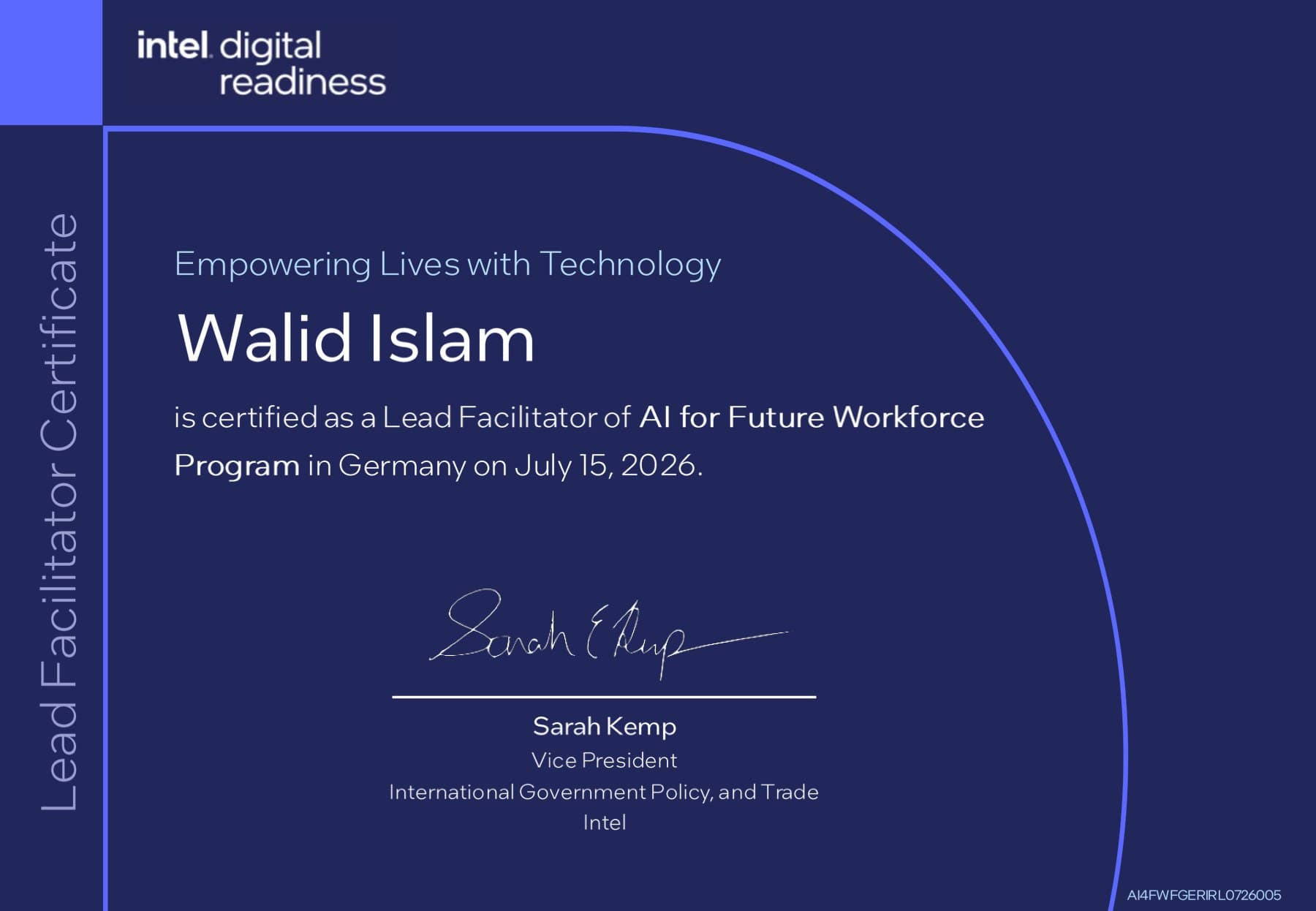 Intel Digital Readiness Lead Facilitator Certificate for Walid Islam, AI for Future Workforce Program, Germany, 15 July 2026